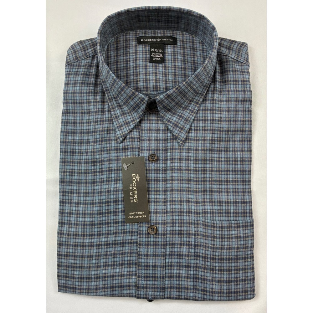Dockers Premium Shirt Mens Medium Blue Plaid NWT Soft Touch Cool Effects Cotton